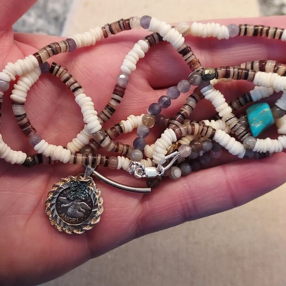 .999 Guardian Angel with tiny enamel cross on puka/ heishi and stone necklace - Picture 8 of 8